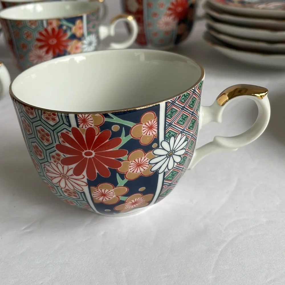 Arita Imari Fan 7 cups six saucers vintage